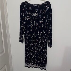 DR2 - Navy Blue Black Bird-Print Long Sleeve Dress